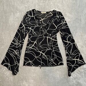 Vintage Forever 21 Women Sz M Bell Sleeve Top Black Swirl Print Y2K Fairy Grunge